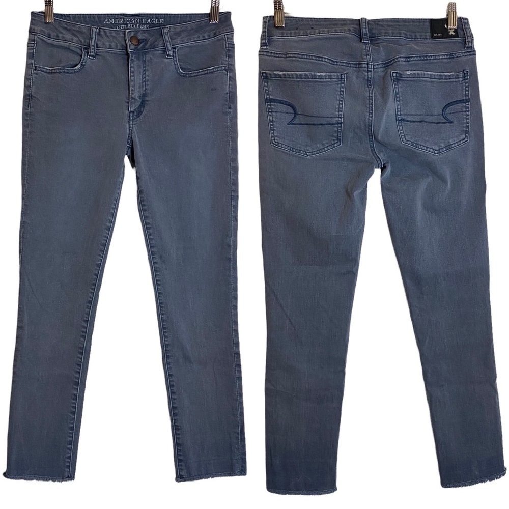 AEO Denim Super Super Stretch Crop Jegging Medium Blue Wash Raw Hem Mid Rise 8